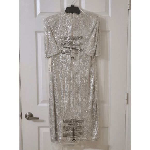 ✨ ELIZA J Silver Sequin Sheath Flutter Sleeve Mock Neck Dress SIZE 12 $168 NWT - Picture 10 of 16